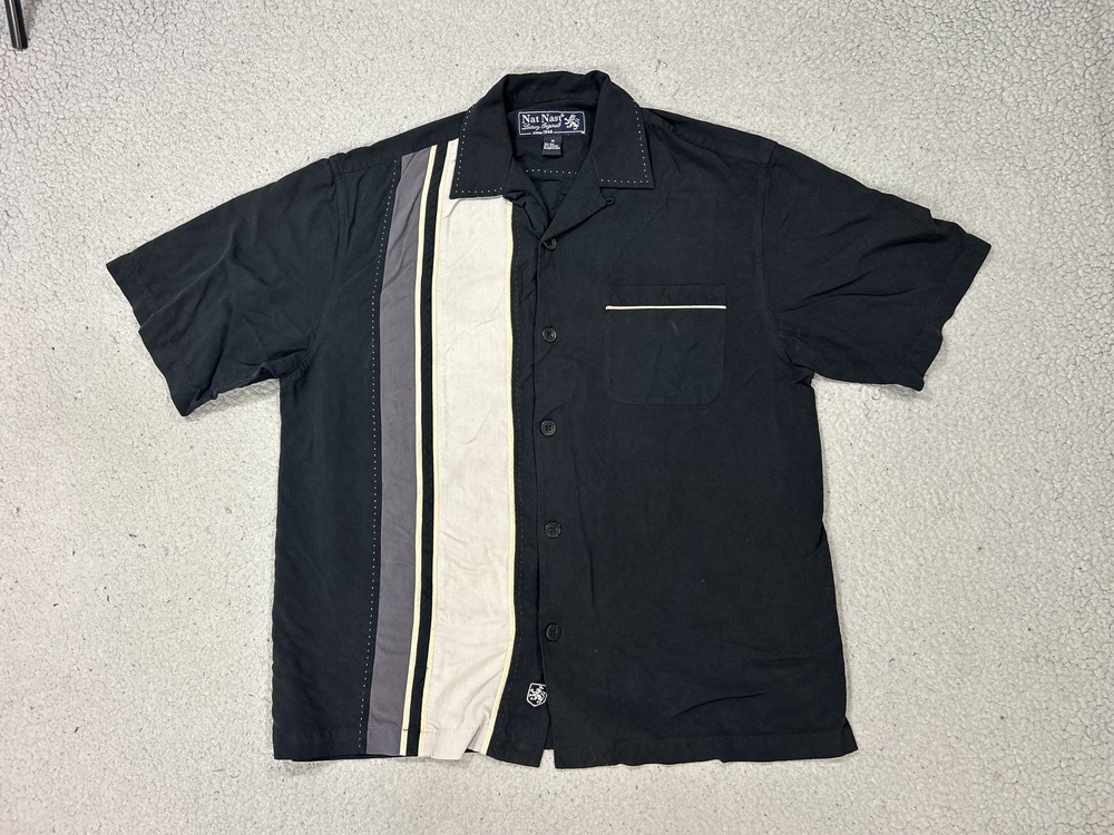 Nat Nast Shirt Mens Medium Black Silk Bowling Stripe Camp Retro Button Up